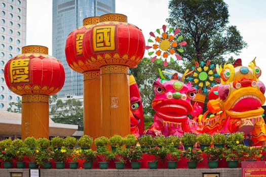 Park with traditional decoration dragon for chinese holiday. Hong Kong