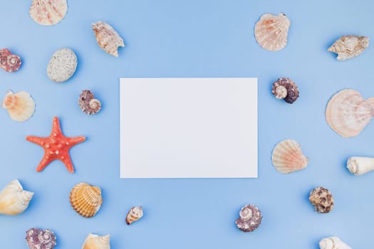 Creative flat lay concept of summer travel vacations. Top view of seashells and starfish on pastel blue background with postcard mock up and copy space in minimal style, template for text