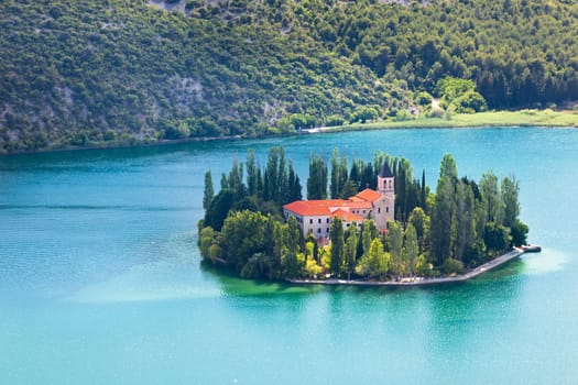 Visovac christian monastery on the island in The Krka National park, Croatia. Aerial view