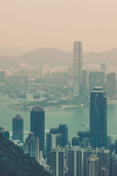 Haze Hong Kong downtown view from Victoria peak. Filtered shot