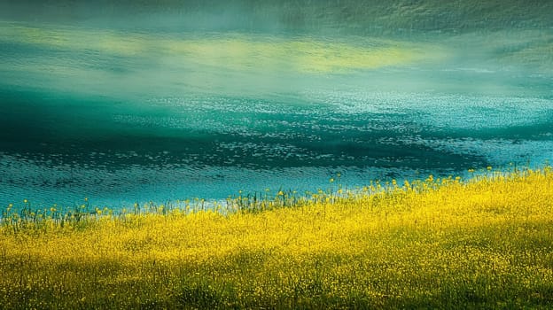 A stunning landscape photograph capturing the beauty of nature with vibrant hues of yellow, green, and blue. The image showcases lush greenery under a bright sky, with golden fields merging seamlessly into a tranquil blue horizon. This picturesque scene evokes feelings of serenity and the wonders of the natural world.