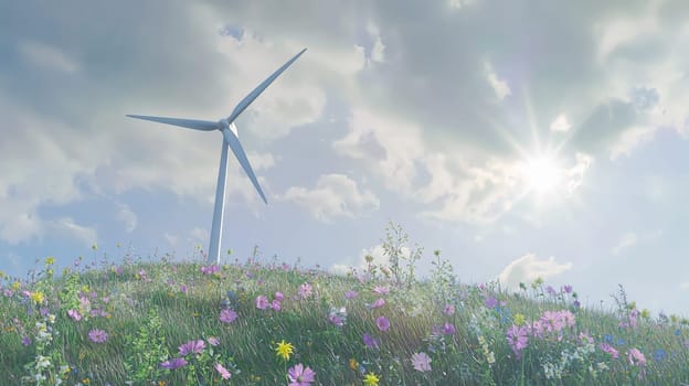This photorealistic image showcases a majestic wind turbine standing tall on a hill, surrounded by vibrant wildflowers that flourish at its base. Captured in exquisite detail with a 30-megapixel resolution, the 4K quality highlights the harmonious blend of technology and nature. The sharp focus and intricate details emphasize the turbine’s significance as a symbol of clean energy, while the wildflowers represent the beauty of the natural environment. This image evokes a sense of sustainability and the promise of a greener future.