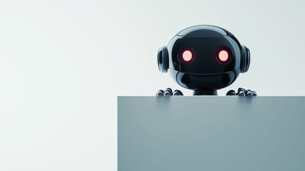 This striking close-up shot features a business AI robot peeking over a ledge against a solid white background. The robot's sleek design and expressive features highlight its advanced technology and personality, inviting viewers to consider the intersection of artificial intelligence and human-like traits in the business world. The clean background emphasizes the robot’s design, making it a captivating image that sparks curiosity about the future of AI in business.
