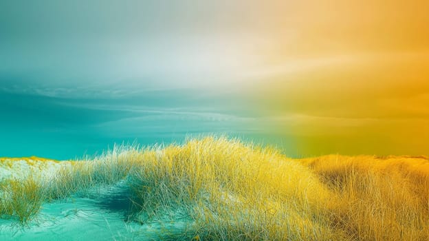 A stunning landscape photograph capturing the beauty of nature with vibrant hues of yellow, green, and blue. The image showcases lush greenery under a bright sky, with golden fields merging seamlessly into a tranquil blue horizon. This picturesque scene evokes feelings of serenity and the wonders of the natural world.