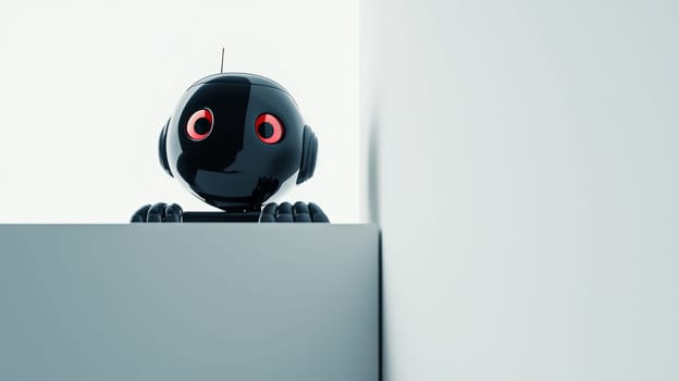 This striking close-up shot features a business AI robot peeking over a ledge against a solid white background. The robot's sleek design and expressive features highlight its advanced technology and personality, inviting viewers to consider the intersection of artificial intelligence and human-like traits in the business world. The clean background emphasizes the robot’s design, making it a captivating image that sparks curiosity about the future of AI in business.
