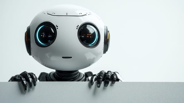 This striking close-up shot features a business AI robot peeking over a ledge against a solid white background. The robot's sleek design and expressive features highlight its advanced technology and personality, inviting viewers to consider the intersection of artificial intelligence and human-like traits in the business world. The clean background emphasizes the robot’s design, making it a captivating image that sparks curiosity about the future of AI in business.