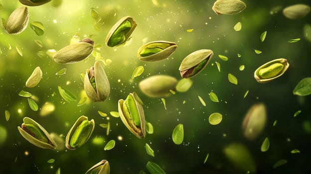 This dynamic image captures a realistic explosion of whole pistachio nuts falling in motion, creating a captivating splash that highlights their freshness and flavor. The macro close-up perspective enhances the details, showcasing the texture and natural colors of the pistachios. Ideal for a snack package or advertising poster, this visually striking composition conveys the joy of snacking and the quality of the product, making it perfect for enticing food lovers.