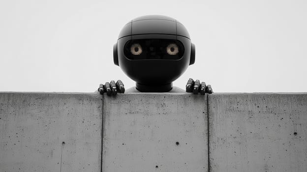 This striking close-up shot features a business AI robot peeking over a ledge against a solid white background. The robot's sleek design and expressive features highlight its advanced technology and personality, inviting viewers to consider the intersection of artificial intelligence and human-like traits in the business world. The clean background emphasizes the robot’s design, making it a captivating image that sparks curiosity about the future of AI in business.