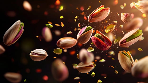 This dynamic image captures a realistic explosion of whole pistachio nuts falling in motion, creating a captivating splash that highlights their freshness and flavor. The macro close-up perspective enhances the details, showcasing the texture and natural colors of the pistachios. Ideal for a snack package or advertising poster, this visually striking composition conveys the joy of snacking and the quality of the product, making it perfect for enticing food lovers.