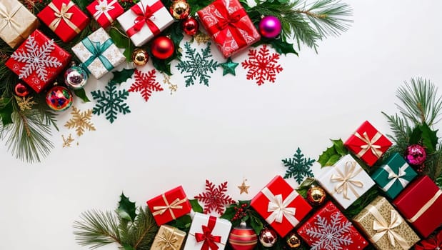A festive Christmas-themed border featuring red, gold, and green gifts and decorations placed around an empty center, creating a seasonal and inviting holiday atmosphere. AI generated image
