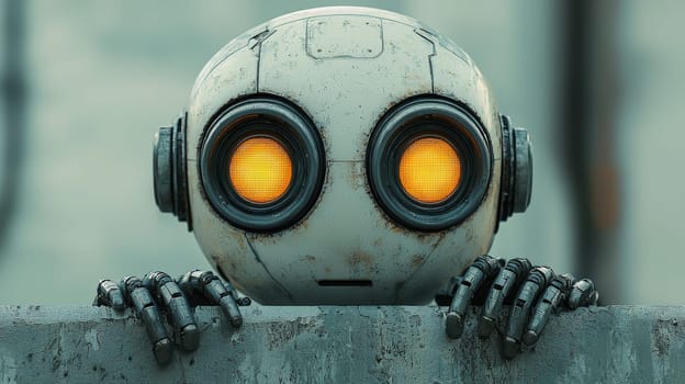 This striking close-up shot features a business AI robot peeking over a ledge against a solid white background. The robot's sleek design and expressive features highlight its advanced technology and personality, inviting viewers to consider the intersection of artificial intelligence and human-like traits in the business world. The clean background emphasizes the robot’s design, making it a captivating image that sparks curiosity about the future of AI in business.