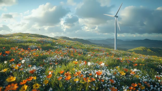 This photorealistic image showcases a majestic wind turbine standing tall on a hill, surrounded by vibrant wildflowers that flourish at its base. Captured in exquisite detail with a 30-megapixel resolution, the 4K quality highlights the harmonious blend of technology and nature. The sharp focus and intricate details emphasize the turbine’s significance as a symbol of clean energy, while the wildflowers represent the beauty of the natural environment. This image evokes a sense of sustainability and the promise of a greener future.