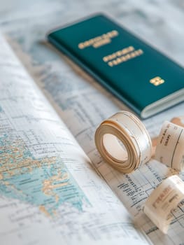 Passport and map with travel-themed accessories, perfect for planning adventures and journeys.