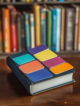 A book adorned with colorful sticky notes against a blurred bookshelf background, ideal for organization and creativity.
