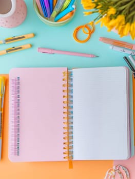 An open notebook with colorful pens on a pastel desk, ideal for creativity and planning with copy space.