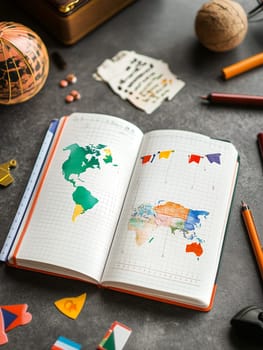 Open notebook displaying a colorful world map surrounded by stationery items on a desk.