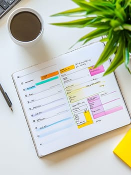 Daily planner with colorful notes and a coffee cup on a white desk, ideal for organizing tasks.