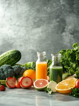 Fresh juices in bottles surrounded by a variety of vegetables and fruits, highlighting health and nutrition.