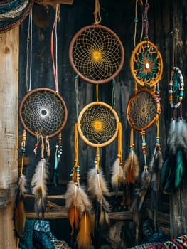 An array of colorful dreamcatchers hanging against a wooden backdrop, capturing bohemian charm and tradition.