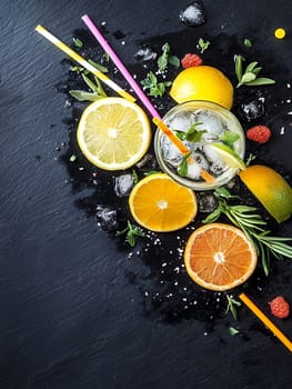 A refreshing citrus cocktail with ice, garnished with mint and colorful straws, perfect for summer.