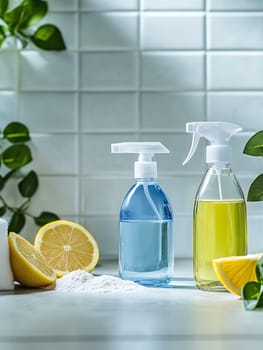 Two bottles of eco-friendly cleaning solutions with lemon and vinegar, ideal for natural home cleaning.