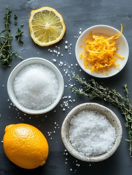 Fresh lemon, salt, and herbs arranged on a dark surface, ideal for culinary seasoning and recipes.