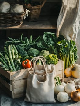 A variety of fresh vegetables in a wooden crate with a cloth bag, showcasing a rustic market atmosphere.