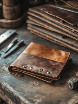 A handcrafted leather wallet displayed on a workbench, showcasing the art of leatherworking and craftsmanship.