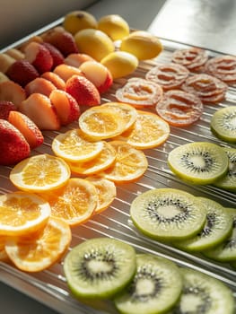An array of sliced fruits including oranges, kiwis, and strawberries, displayed in bright sunlight.