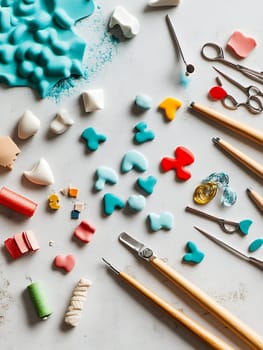 Crafting tools and polymer clay pieces on a table, capturing the creative process of handmade jewelry and art.
