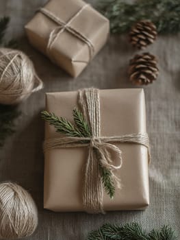 Rustic gift boxes wrapped with twine and decorated with pine sprigs, creating an eco-friendly and natural presentation.