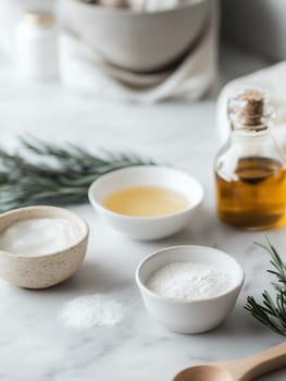 A selection of natural skincare ingredients displayed on a marble surface, showcasing beauty and wellness.