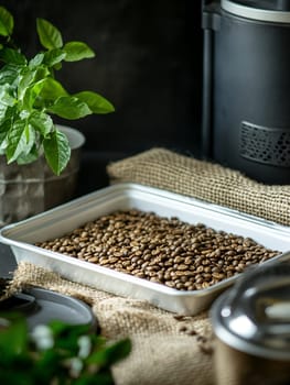 A tray filled with freshly roasted coffee beans, surrounded by green plants, illustrating a cozy coffee corner.