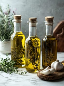 Three glass bottles of olive oil infused with fresh herbs, creating a culinary delight with garlic and thyme on a marble surface.