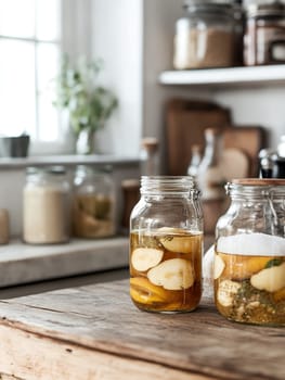 Two jars of homemade apple cider sit on a rustic wooden table, capturing the essence of natural fermentation in a cozy kitchen setting.