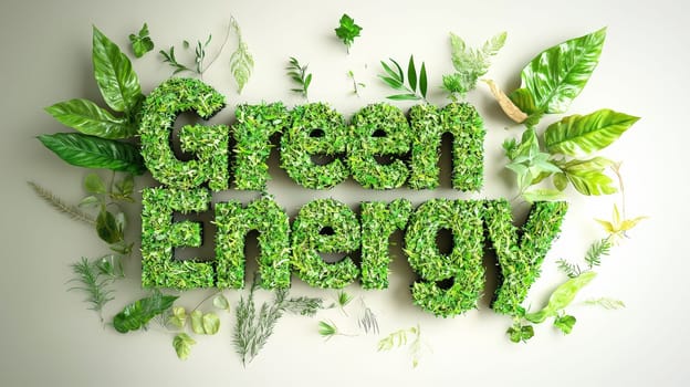The phrase "Green Energy"" crafted entirely from lush, green plants, symbolizing the harmony between nature and renewable energy. Each letter appears vibrant and alive, creating an impactful visual for sustainable solutions."