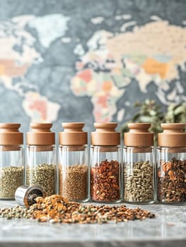 A variety of spices displayed in glass jars against a world map backdrop, highlighting the diversity of global culinary flavors.