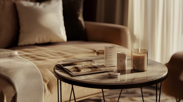 A close-up of a stylish coffee table in a contemporary living room setting, featuring a beige velvet sofa with sleek black metal legs. The table, set with scented candles and tasteful artwork, creates a warm ambiance perfect for a relaxed morning with breakfast and a magazine. The scene highlights comfort, style, and the pleasure of a peaceful home moment.