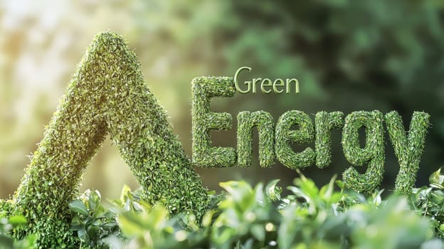 The phrase "Green Energy"" crafted entirely from lush, green plants, symbolizing the harmony between nature and renewable energy. Each letter appears vibrant and alive, creating an impactful visual for sustainable solutions."