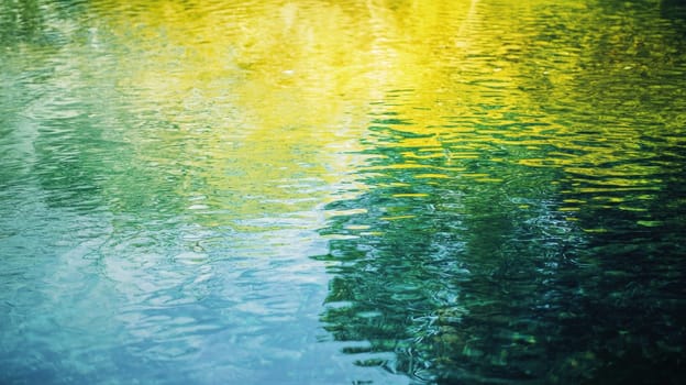 A stunning landscape photograph capturing the beauty of nature with vibrant hues of yellow, green, and blue. The image showcases lush greenery under a bright sky, with golden fields merging seamlessly into a tranquil blue horizon. This picturesque scene evokes feelings of serenity and the wonders of the natural world.