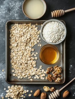 Overhead view of oatmeal, honey, and nuts on a baking tray for rustic baking and cooking themes.