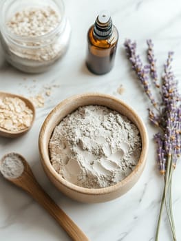 Flat lay of natural skincare ingredients including clay, oats, and lavender, ideal for organic beauty concepts.