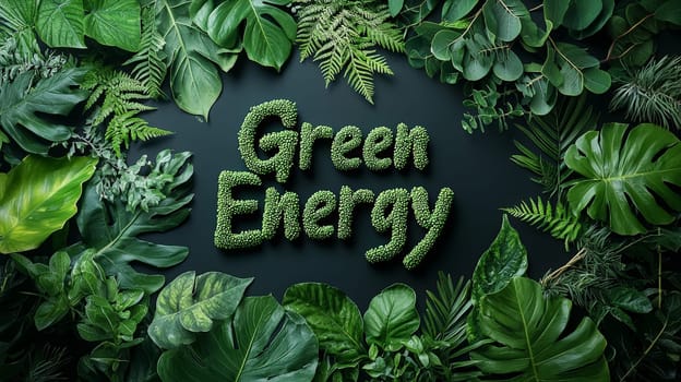 The phrase "Green Energy"" crafted entirely from lush, green plants, symbolizing the harmony between nature and renewable energy. Each letter appears vibrant and alive, creating an impactful visual for sustainable solutions."