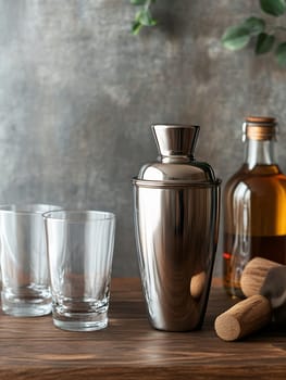 A stylish cocktail shaker set with glasses and a liquor bottle, perfect for making drinks at home or at a bar.