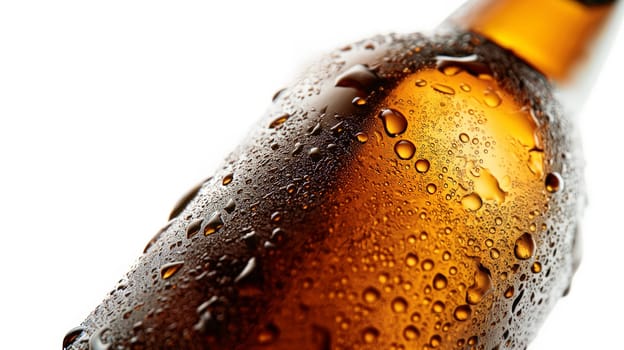 A close-up of a chilled beer bottle, covered in condensation droplets, isolated against a clean white background. This image captures the refreshing appeal of a cold beverage, perfect for showcasing the crisp and enticing qualities of a beer ready to be enjoyed.