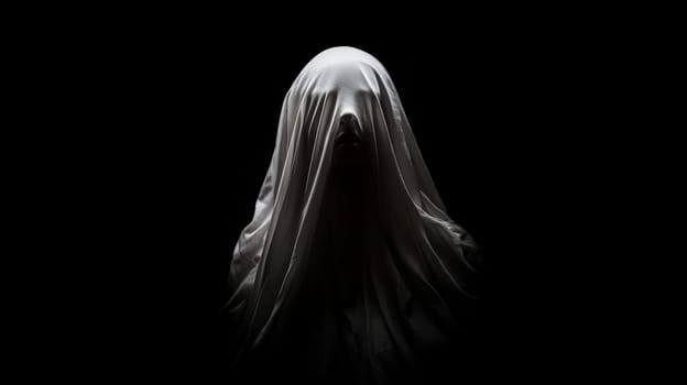 In a shadowed, dark space, the ethereal face of a ghostly, white-veiled woman emerges from the darkness, blindfolded with a white cloth, her figure partially illuminated from above. The cinematic, volumetric lighting reveals her face in striking detail as she appears to whisper into the void. This haunting scene captures an otherworldly essence, with intense realism and high detail, showcasing a ghostly presence in a surreal, atmospheric composition.