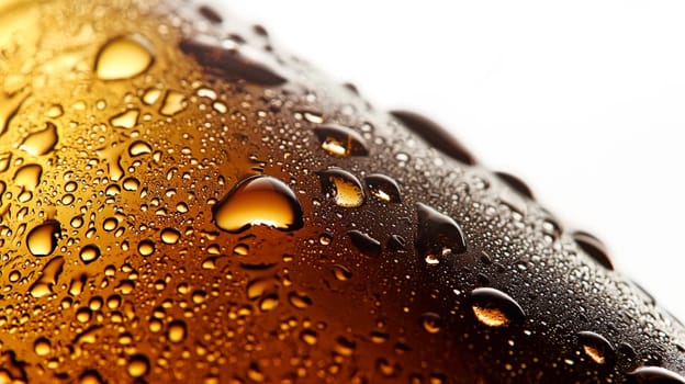 A close-up of a chilled beer bottle, covered in condensation droplets, isolated against a clean white background. This image captures the refreshing appeal of a cold beverage, perfect for showcasing the crisp and enticing qualities of a beer ready to be enjoyed.