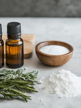 Essential oils, baking soda, and rosemary on a countertop, ideal for natural cleaning and aromatherapy.