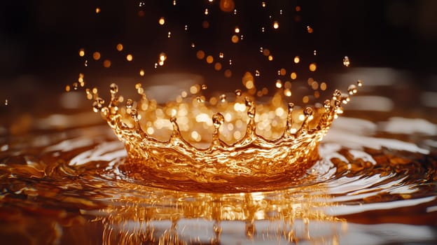 A stunning slow-motion close-up capturing a single raindrop's impact on a reflective surface. The droplet bursts into a perfect crown, sending smaller droplets into the air as ripples expand outward in precise, concentric circles. Light refracts through the water, highlighting intricate splash details in mesmerizing clarity.
