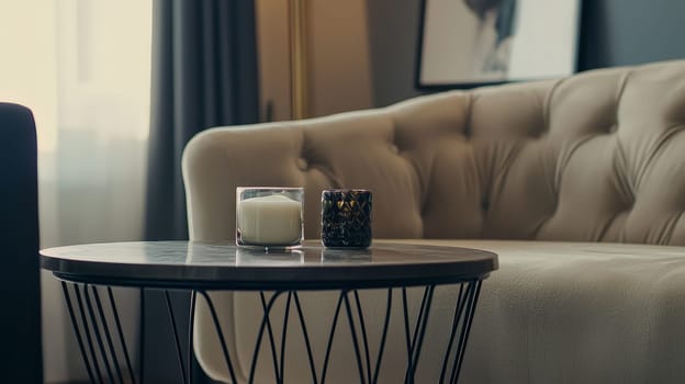 A close-up of a stylish coffee table in a contemporary living room setting, featuring a beige velvet sofa with sleek black metal legs. The table, set with scented candles and tasteful artwork, creates a warm ambiance perfect for a relaxed morning with breakfast and a magazine. The scene highlights comfort, style, and the pleasure of a peaceful home moment.